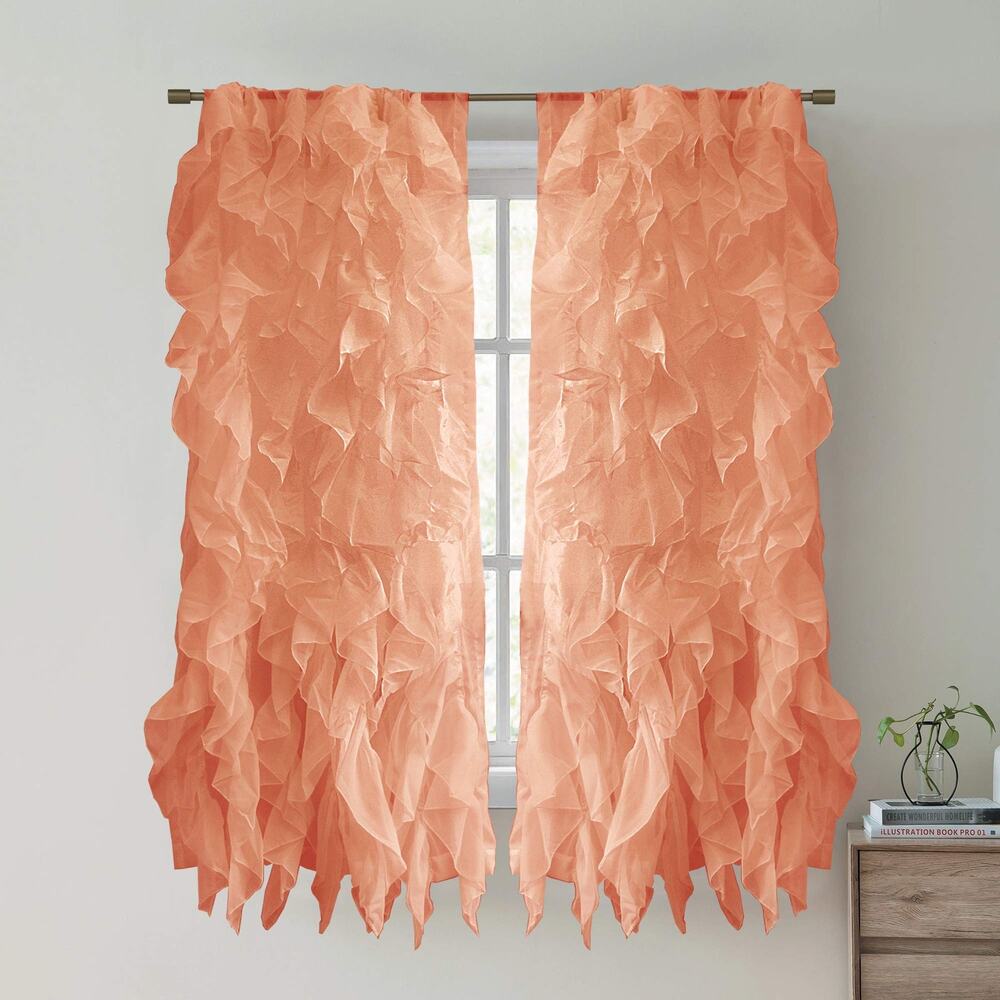 Sweet Home Collection Sheer Voile Ruffled Curtain Panel 50" X 63" Spice 2 Piece